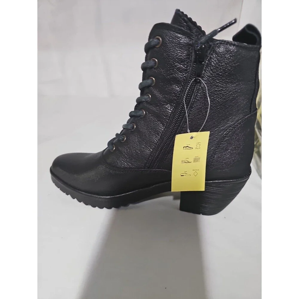 NIB Fly London Wune077 Fly Women's Black Leather Lace Up Ankle Boots EU 39